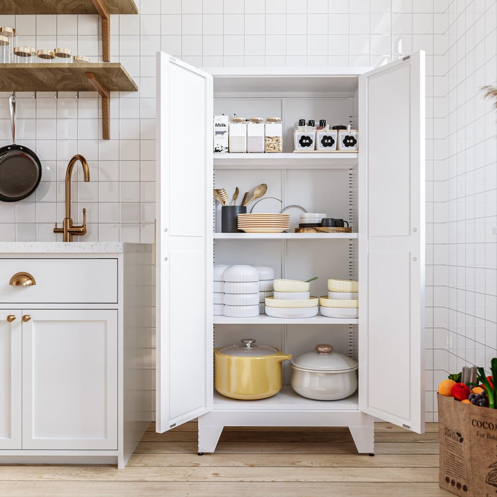 White Farmhouse Storage Kitchen Pantry Cabinet with 2 Barn Door, 3 Adjustable Shelves and Legs T416049