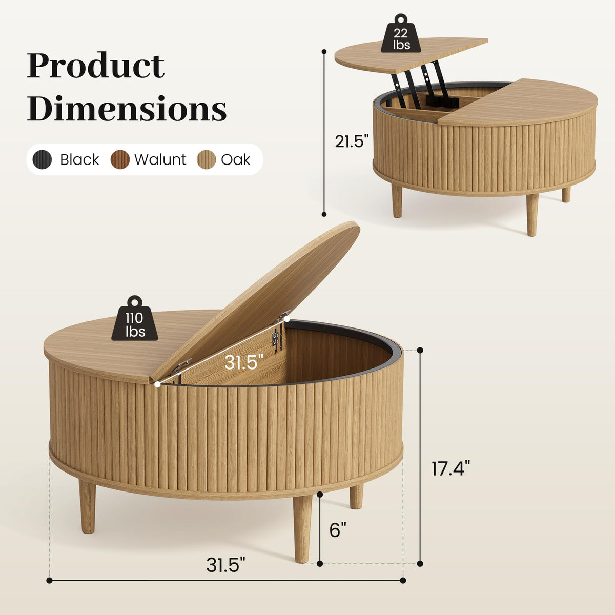 31.5" Round Lifting Top Coffee Table with Storage Z733