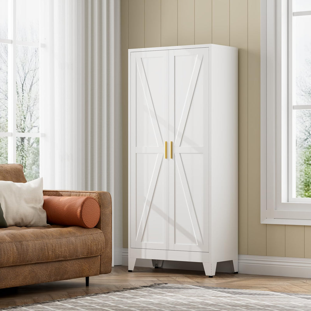 White Farmhouse Storage Kitchen Pantry Cabinet with 2 Barn Door, 3 Adjustable Shelves and Legs T416049