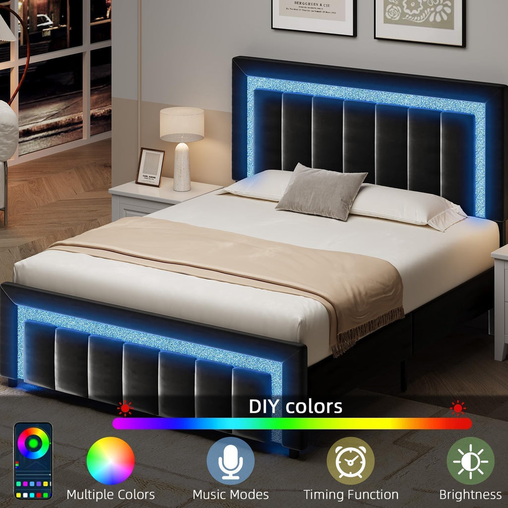 Full Size Velvet Upholstered Bed Frame with LED Lights N515160