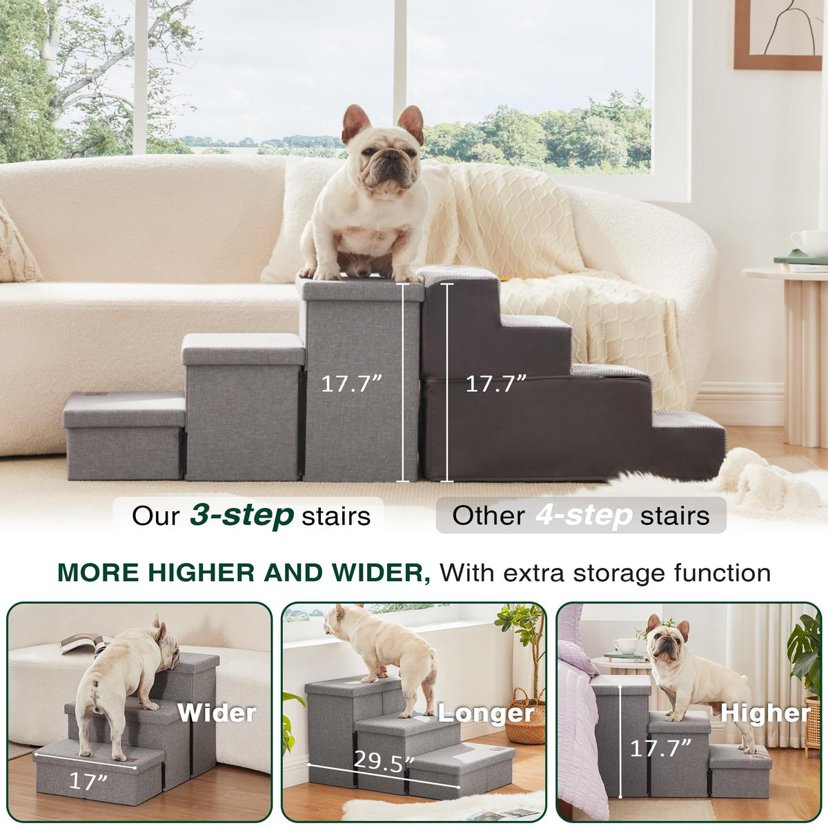 Foldable Pet Stairs with Storage, Grey, 3 Steps L467346