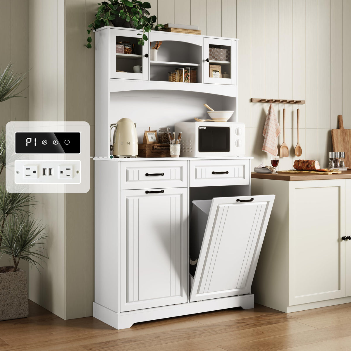 13 Gallons Double Tilt Out Trash Can Cabinet with Power Outlet, 71" Tall Kitchen Pantry Storage Cabinet, White W78664