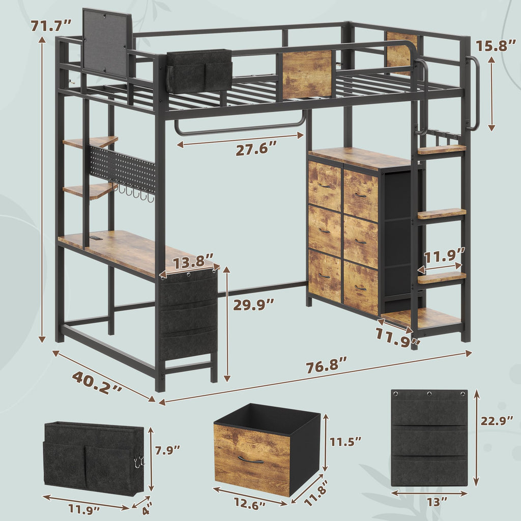 Twin Loft Bed with Desk and 6 Storage Drawers I28855