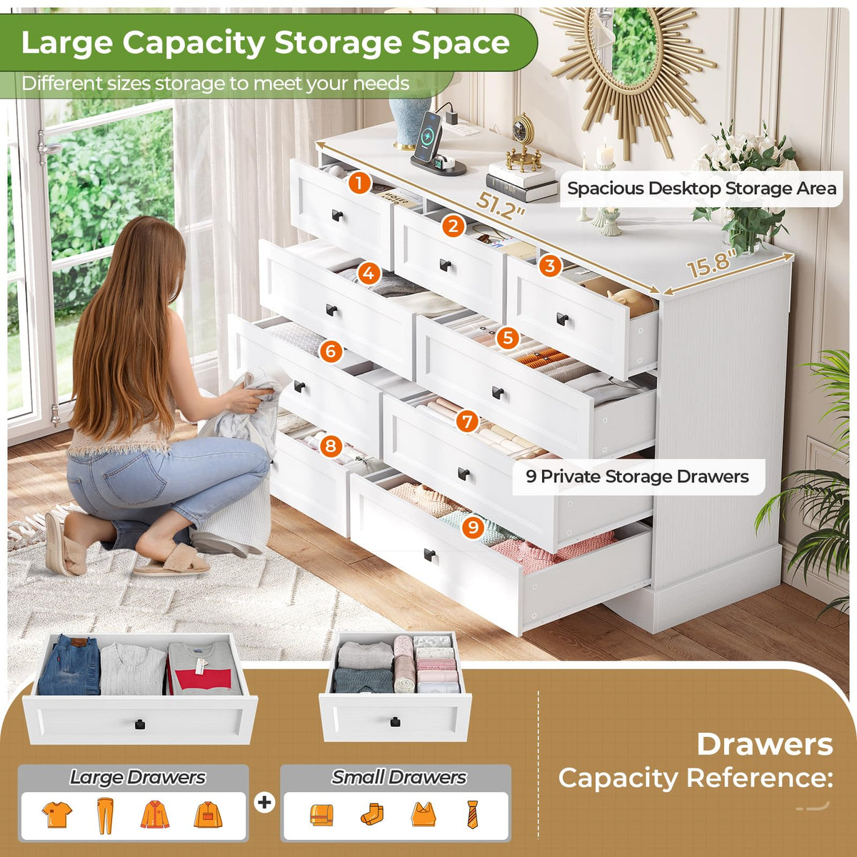 White 9 Drawer Wood Dresser with Charging Station W967596