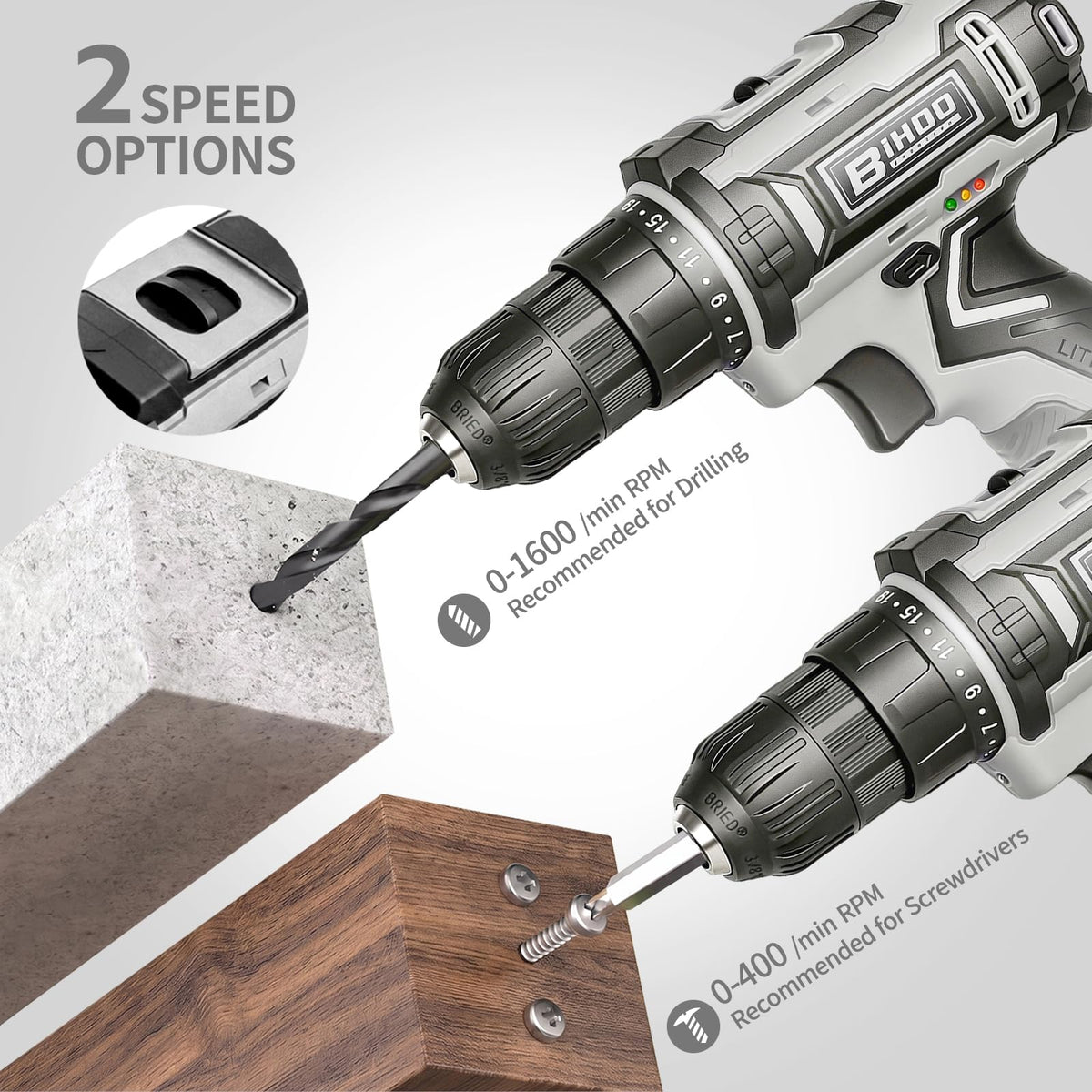 Cordless Drill with 25Nm max, Drill Bits Kit, Gray S12216