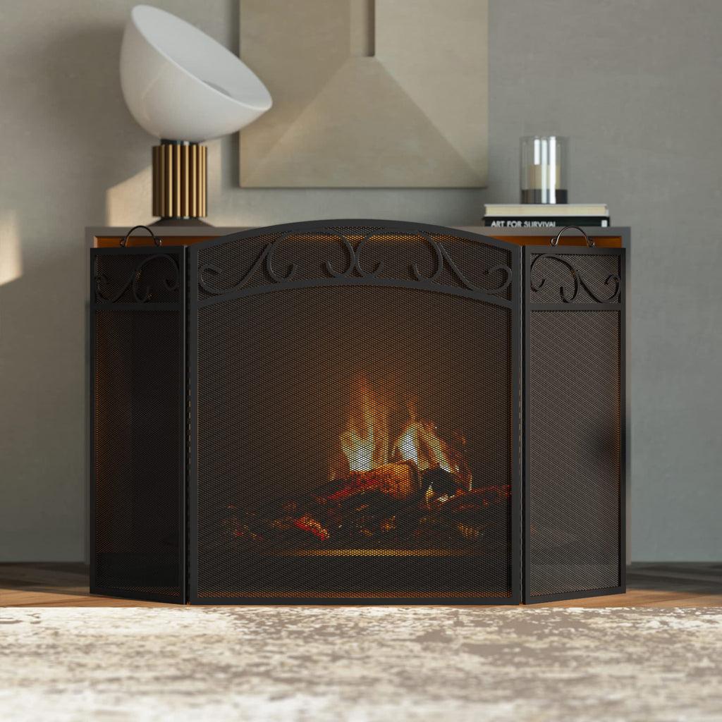 Black 3 Panel Wrought Iron Fireplace Screen Q8420
