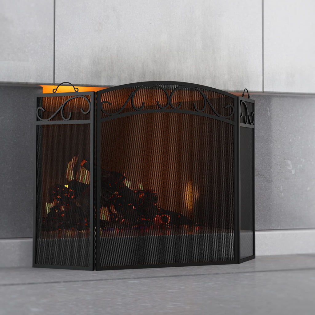 Black 3 Panel Wrought Iron Fireplace Screen Q8420