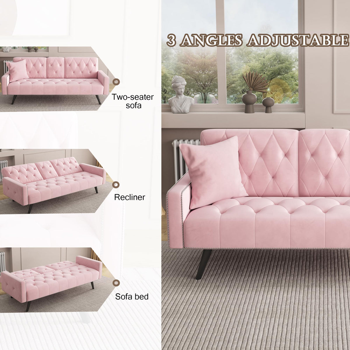 Pink Velvet Convertible Sofa Bed with Cup Holders X63536