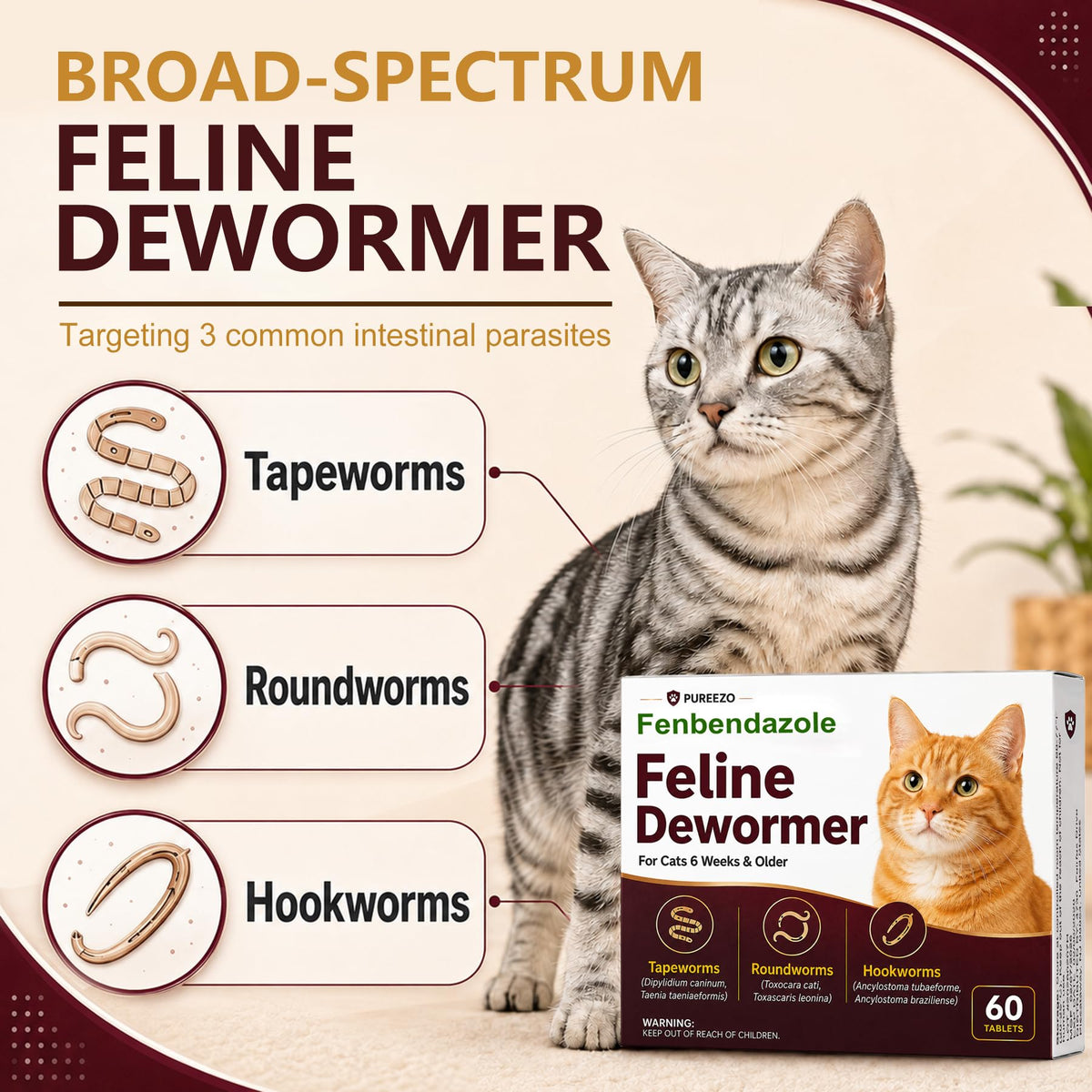 Cat Dewormer Tablets for Tapeworms, Roundworms & Hookworms D932