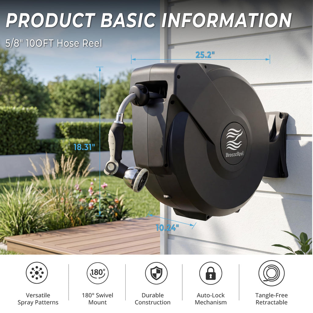 5/8 in x 100 ft Retractable Garden Hose Reel with 10 Patterns Nozzle R48207