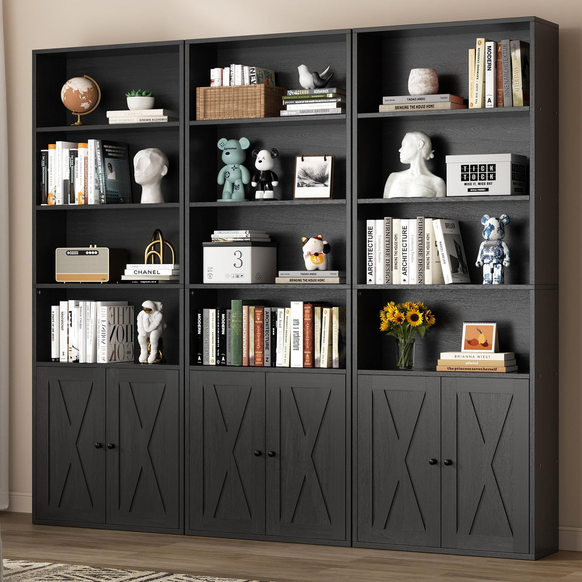 Black 6 Shelf Bookshelf with Doors M7961