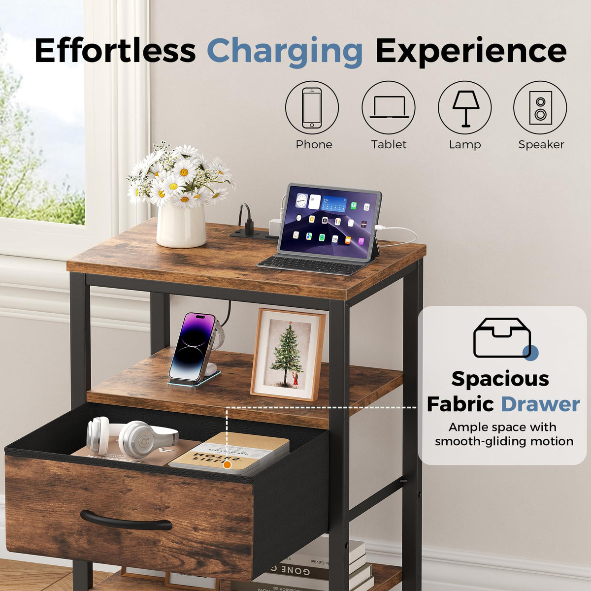 Nightstand with Charging Station and Fabric Drawer X4411