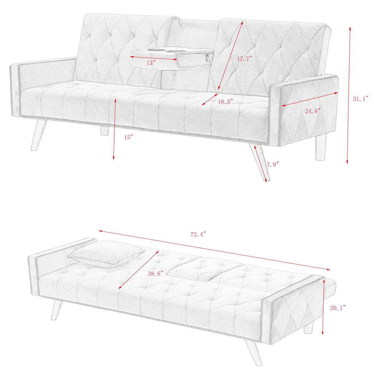 Pink Velvet Convertible Sofa Bed with Cup Holders X63536