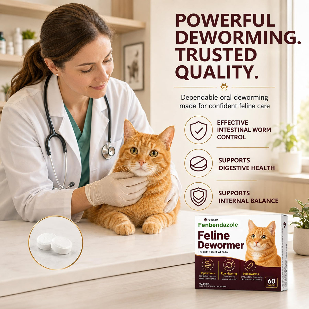 Cat Dewormer Tablets for Tapeworms, Roundworms & Hookworms D932