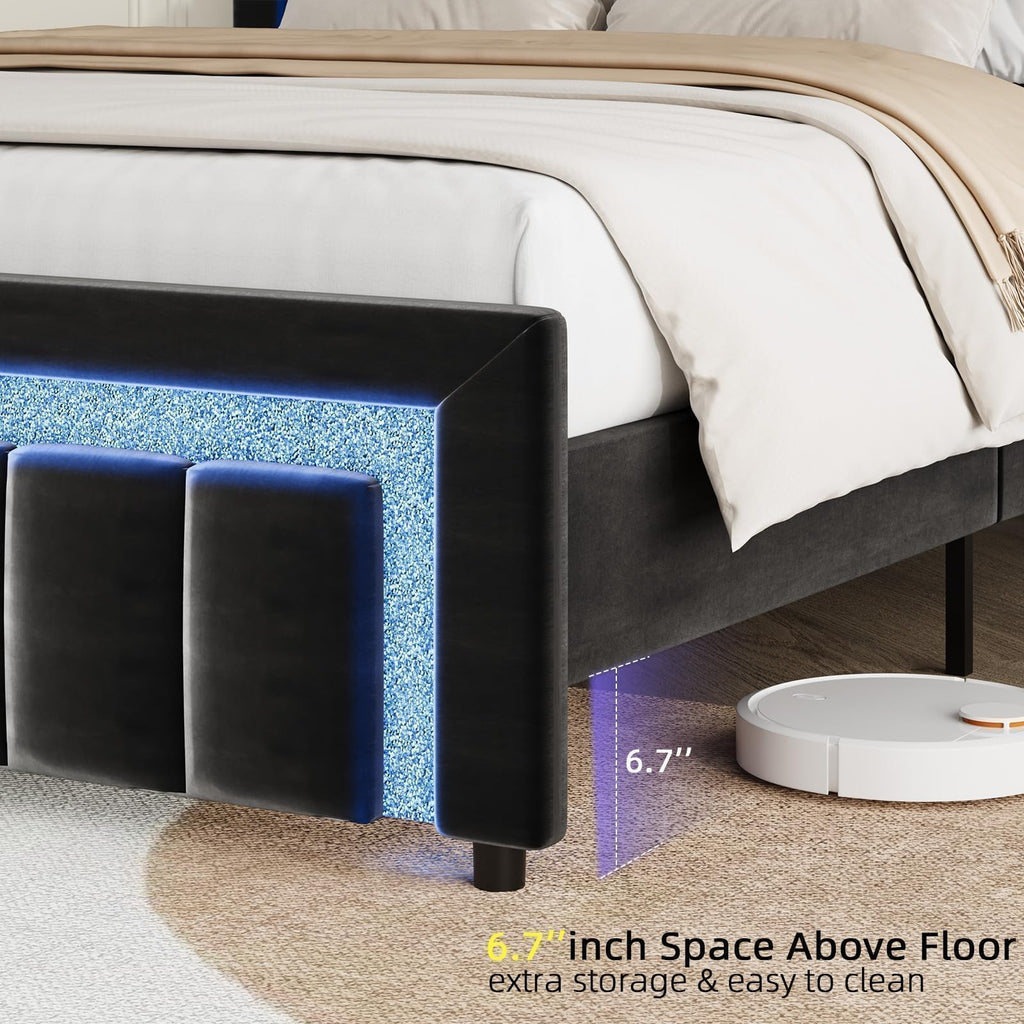 Full Size Velvet Upholstered Bed Frame with LED Lights N515160