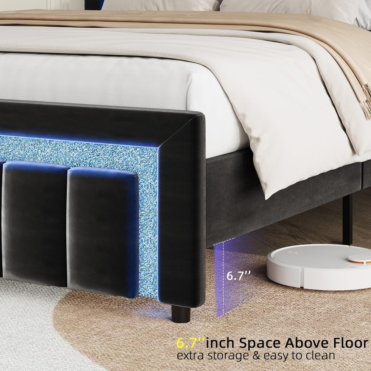 Full Size Velvet Upholstered Bed Frame with LED Lights N515160