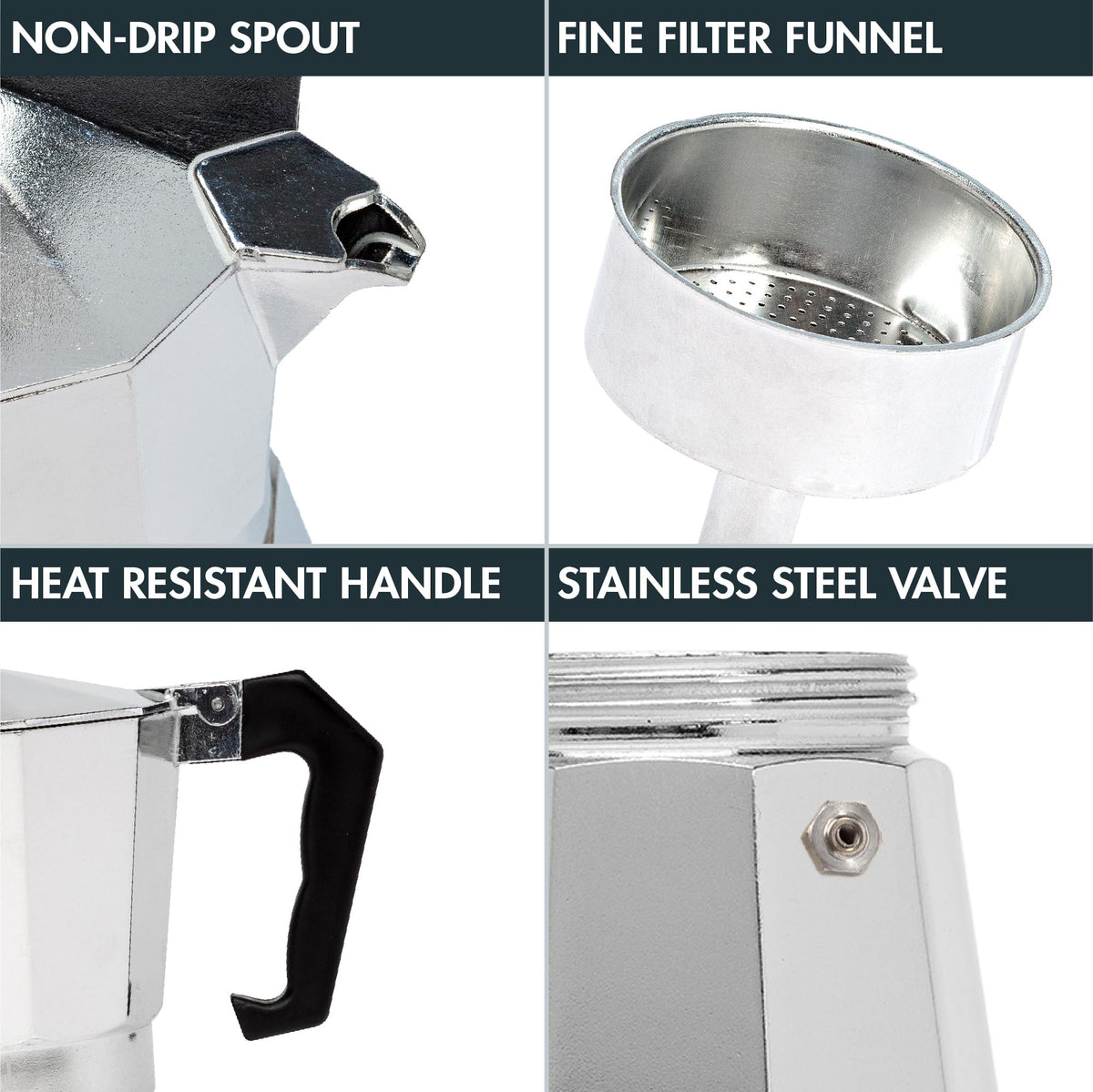 Stovetop Espresso and Coffee Maker, 6 Espresso Cups, Silver E32846