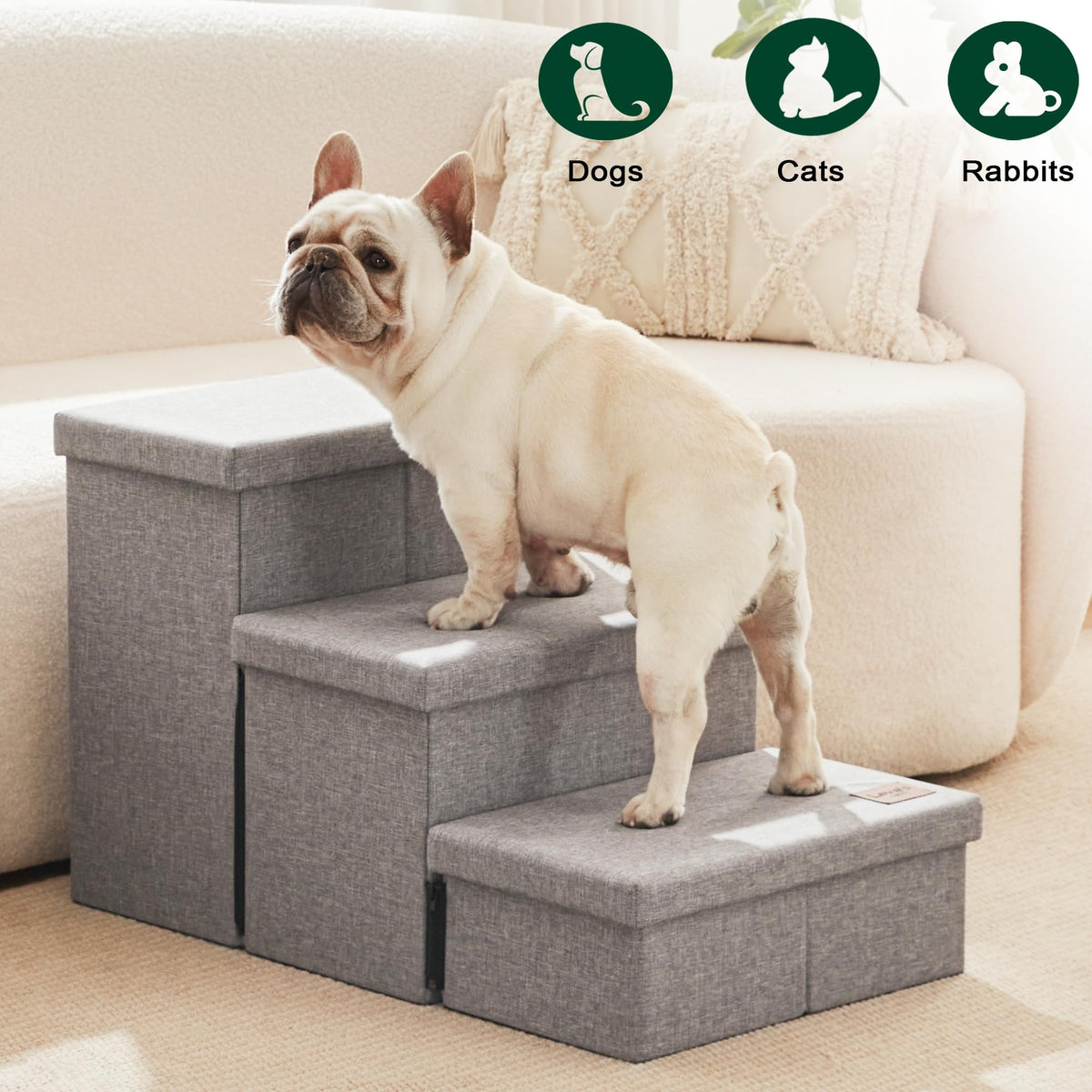 Foldable Pet Stairs with Storage, Grey, 3 Steps L467346