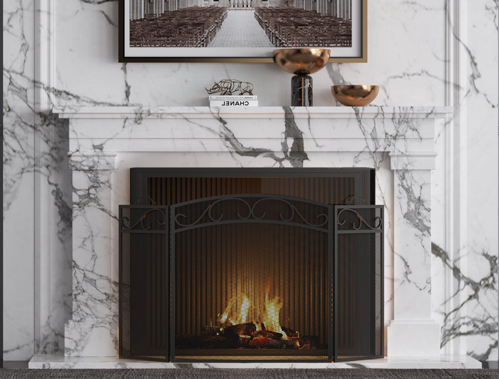 Black 3 Panel Wrought Iron Fireplace Screen Q8420