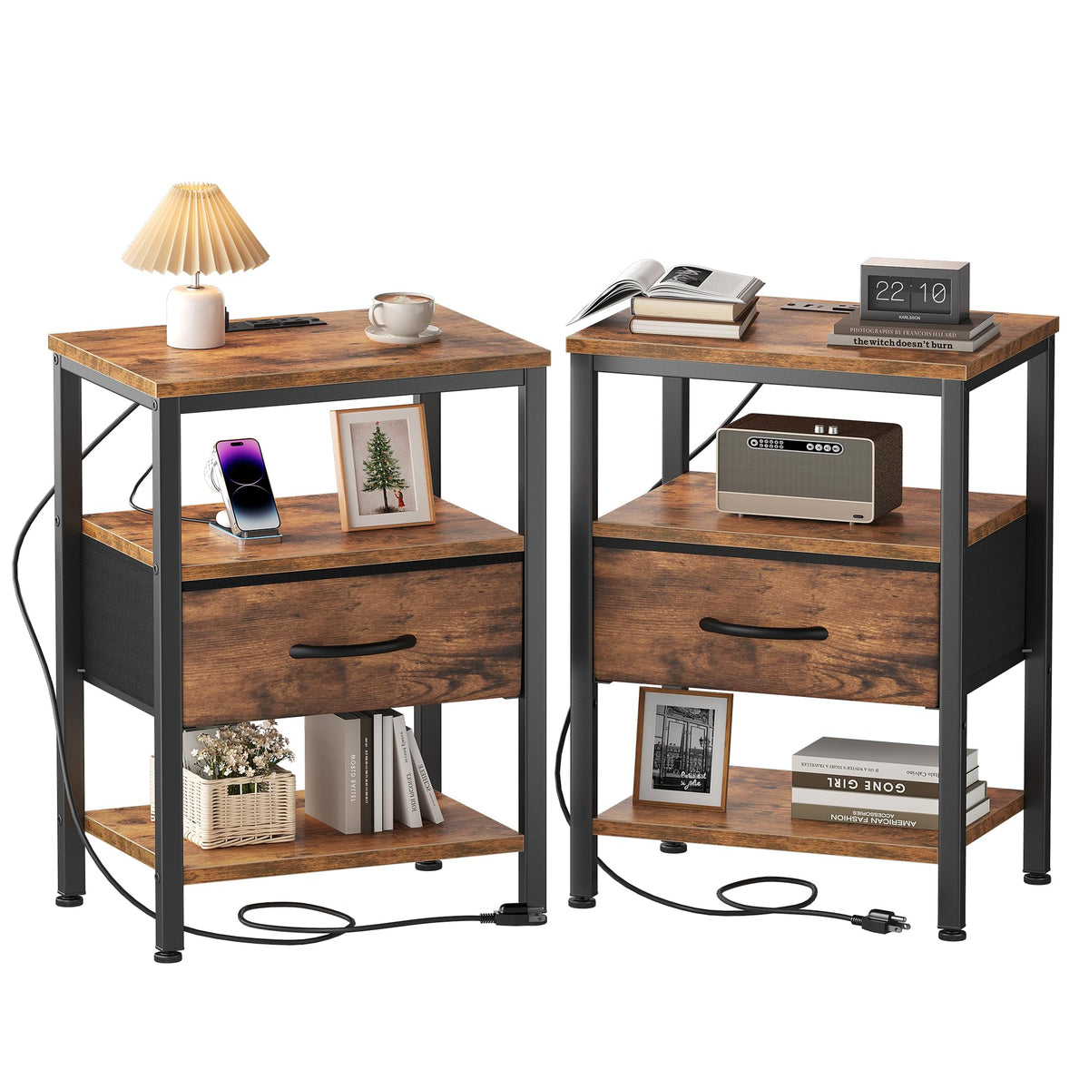 Nightstand with Charging Station and Fabric Drawer X4411
