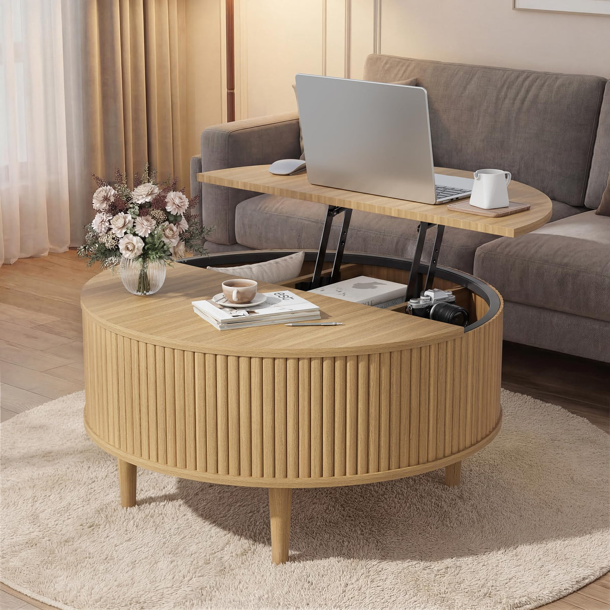 31.5" Round Lifting Top Coffee Table with Storage Z733