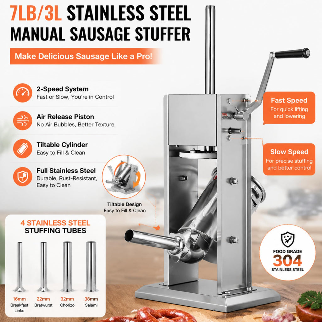 3L Stainless Steel Manual Sausage Stuffer with 4 Tubes G538118