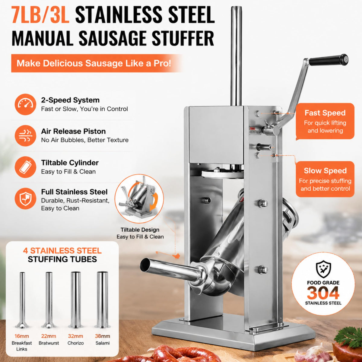 3L Stainless Steel Manual Sausage Stuffer with 4 Tubes G538118
