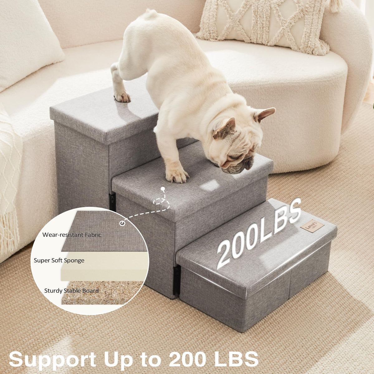 Foldable Pet Stairs with Storage, Grey, 3 Steps L467346