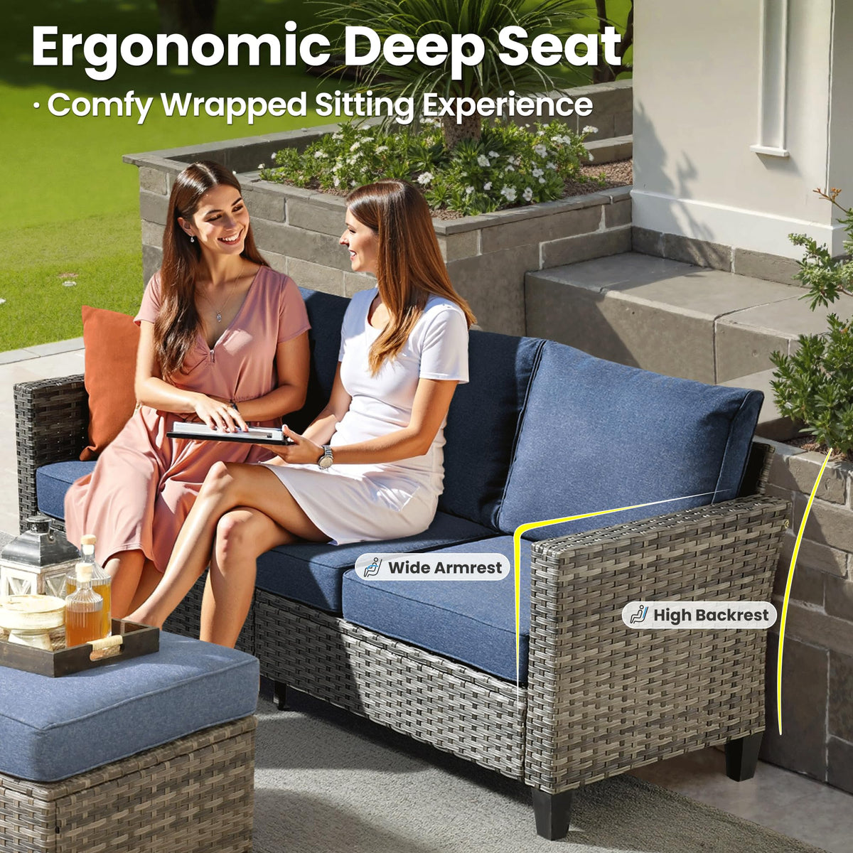 3 Pieces Wicker Patio Sofa Set with Ottomans Denim Blue R4374