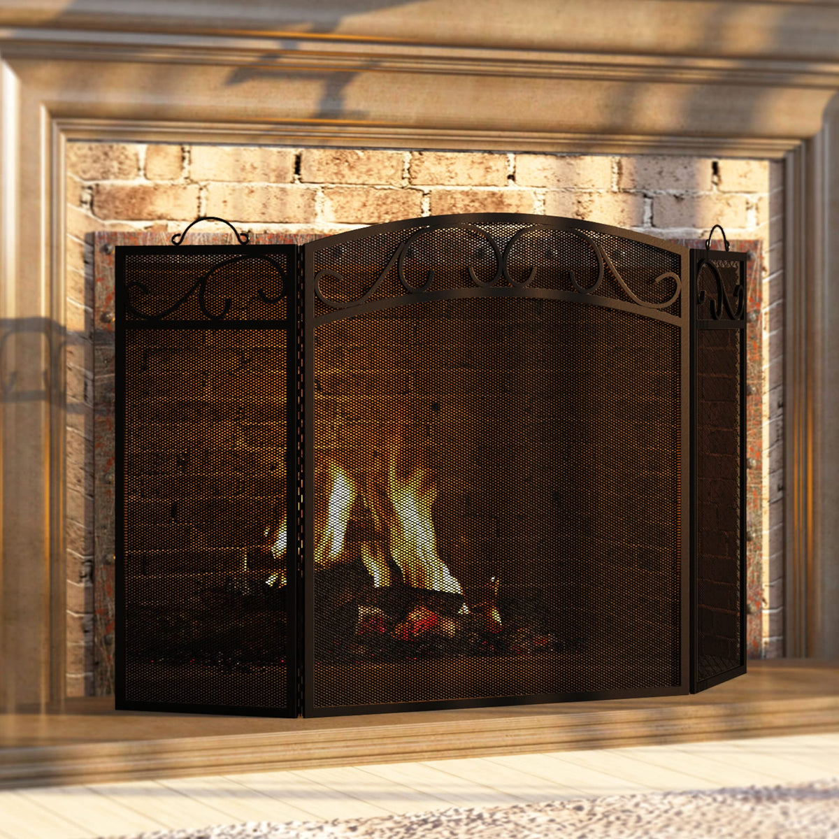 Black 3 Panel Wrought Iron Fireplace Screen Q8420
