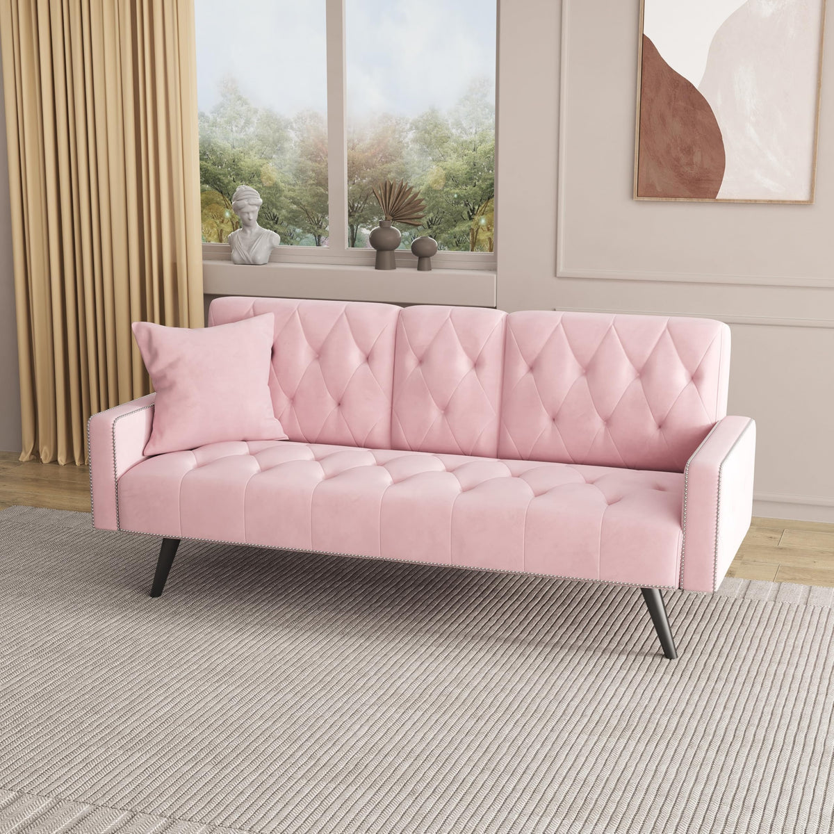 Pink Velvet Convertible Sofa Bed with Cup Holders X63536