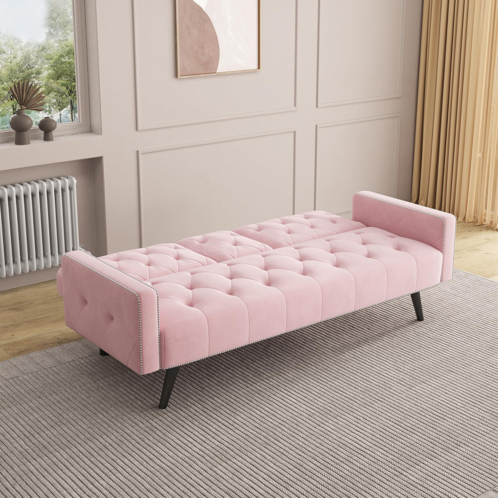 Pink Velvet Convertible Sofa Bed with Cup Holders X63536