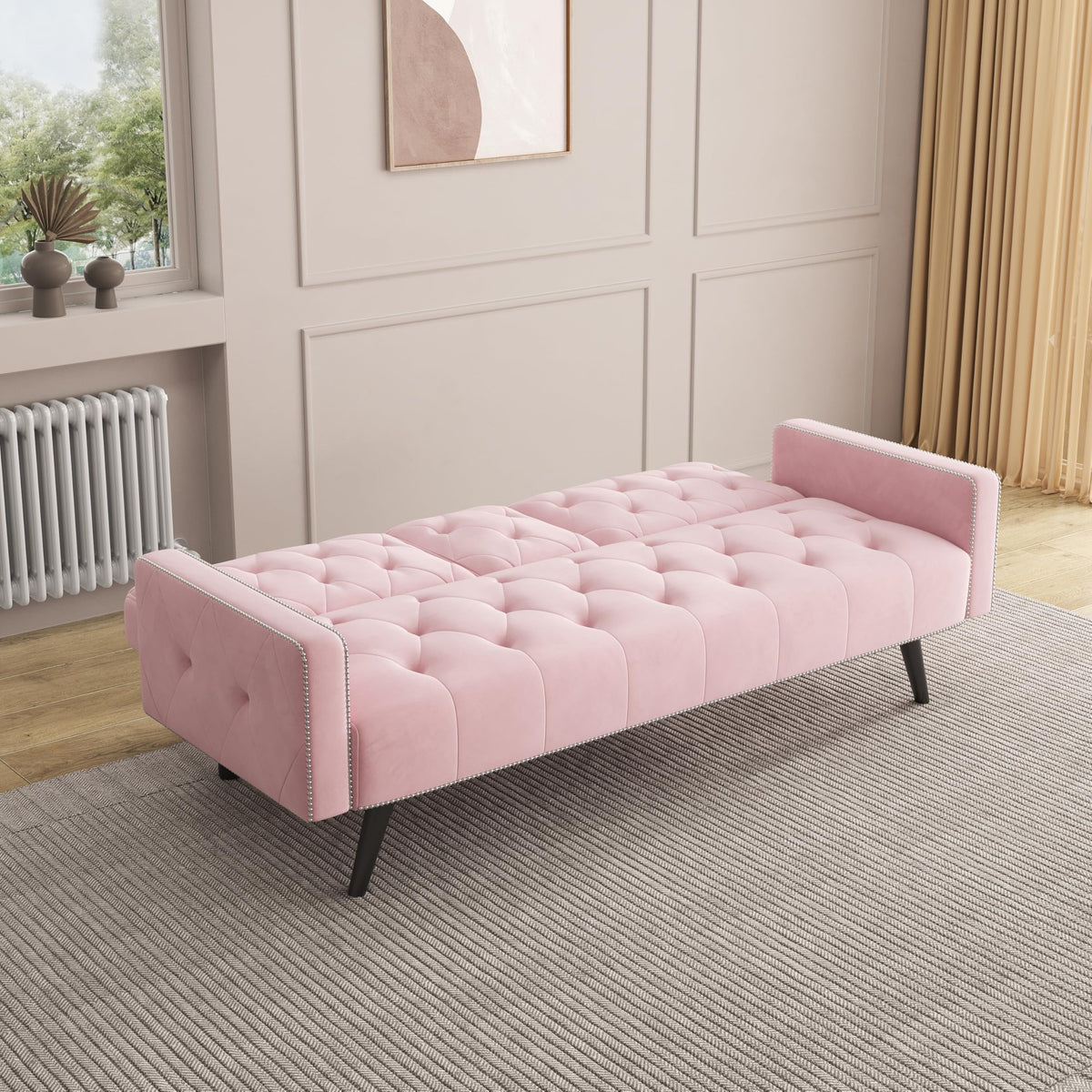 Pink Velvet Convertible Sofa Bed with Cup Holders X63536