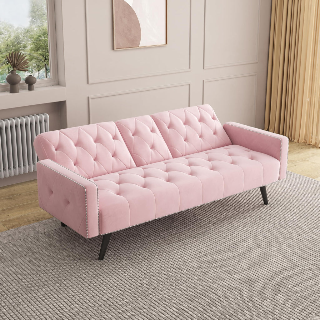 Pink Velvet Convertible Sofa Bed with Cup Holders X63536