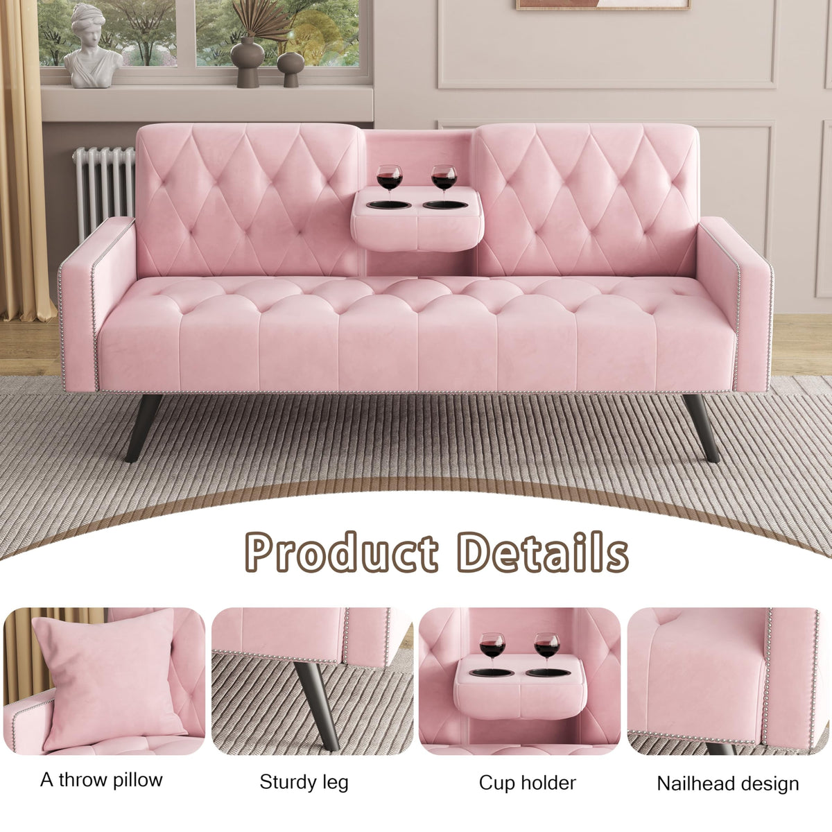 Pink Velvet Convertible Sofa Bed with Cup Holders X63536