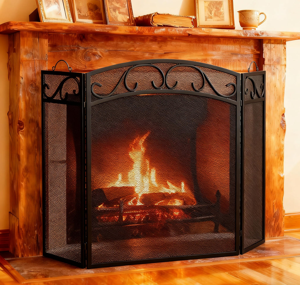 Black 3 Panel Wrought Iron Fireplace Screen Q8420