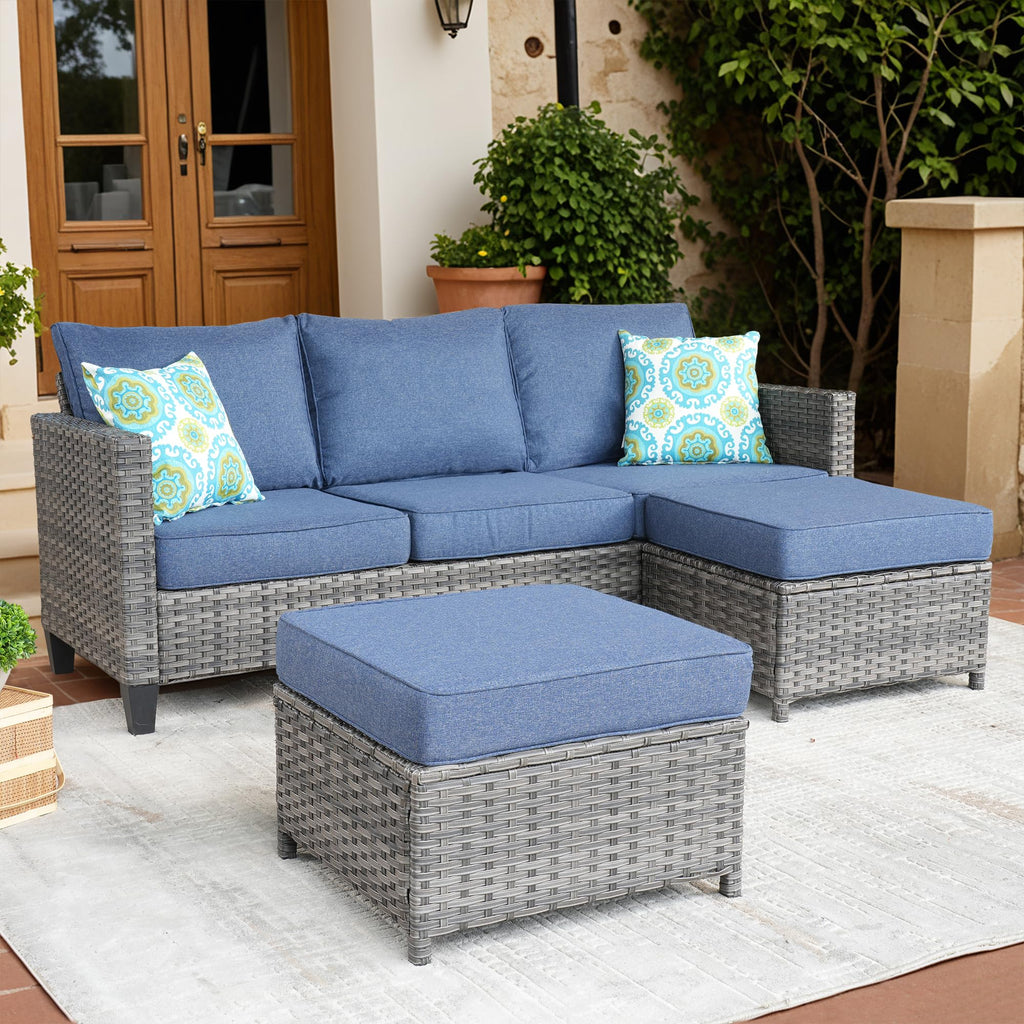 3 Pieces Wicker Patio Sofa Set with Ottomans Denim Blue R4374