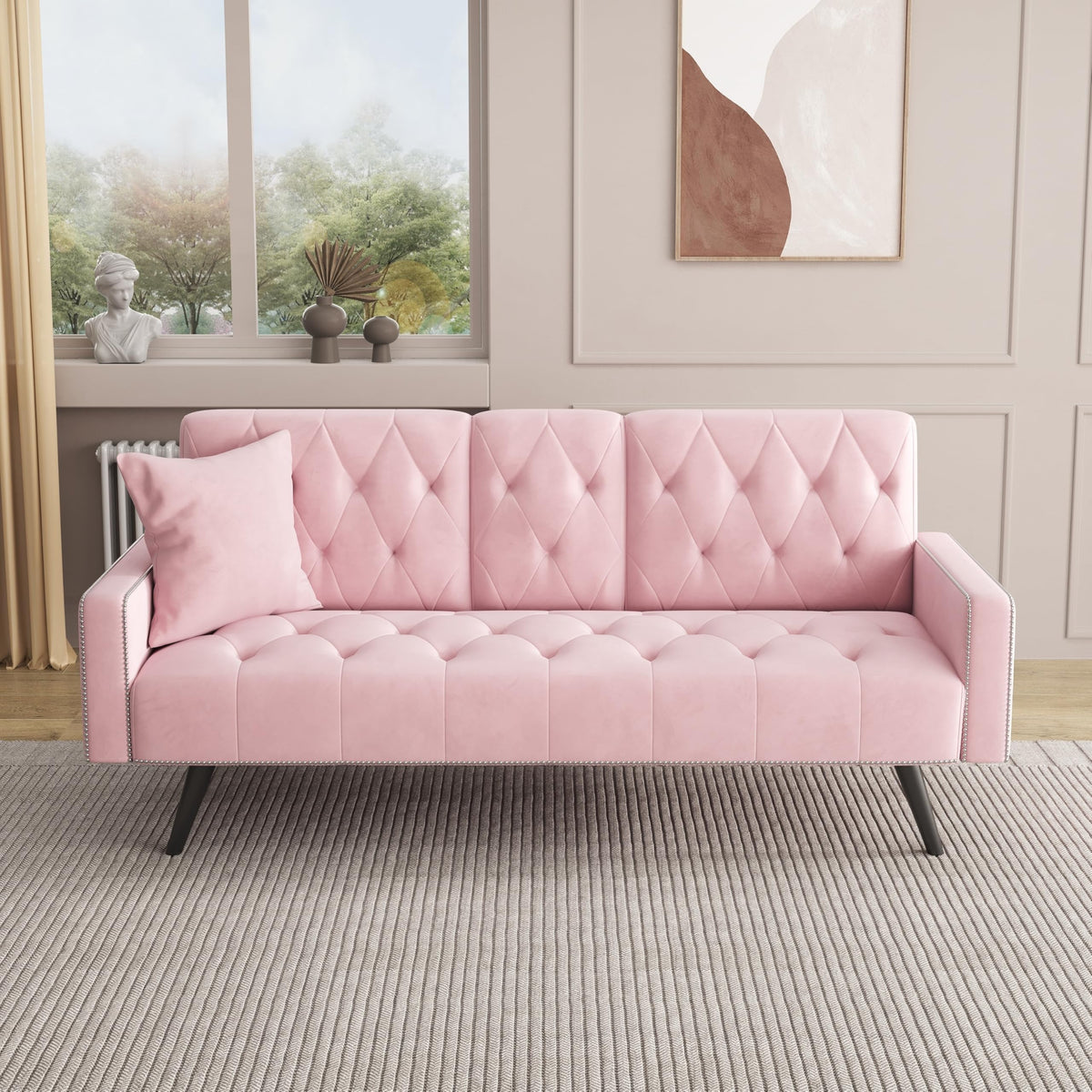 Pink Velvet Convertible Sofa Bed with Cup Holders X63536