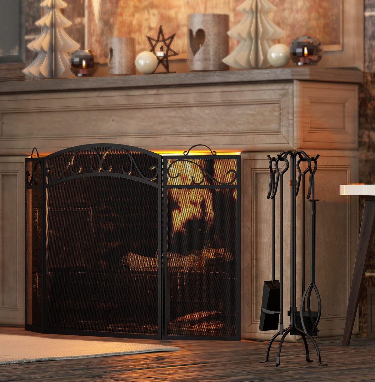 Black 3 Panel Wrought Iron Fireplace Screen Q8420