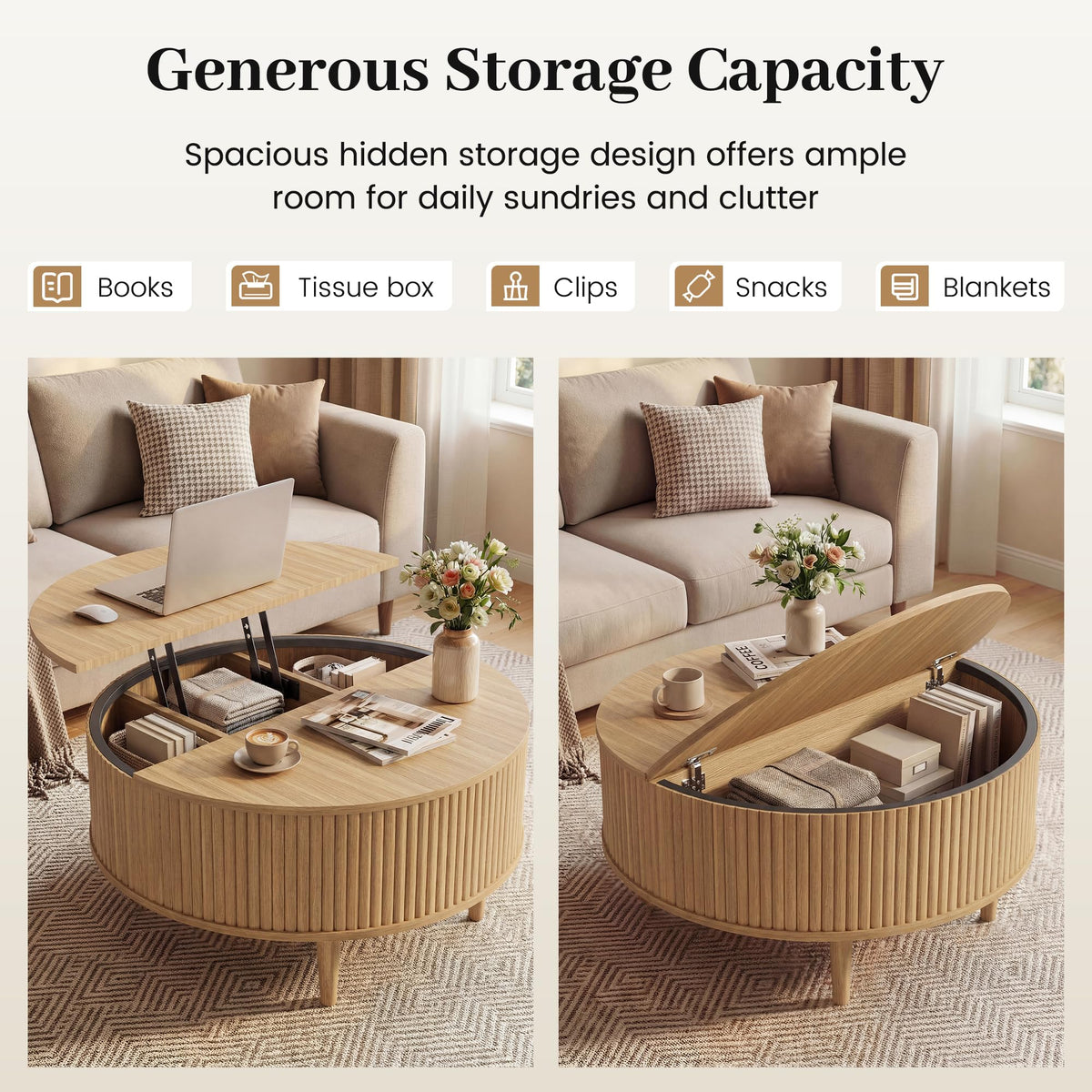 31.5" Round Lifting Top Coffee Table with Storage Z733