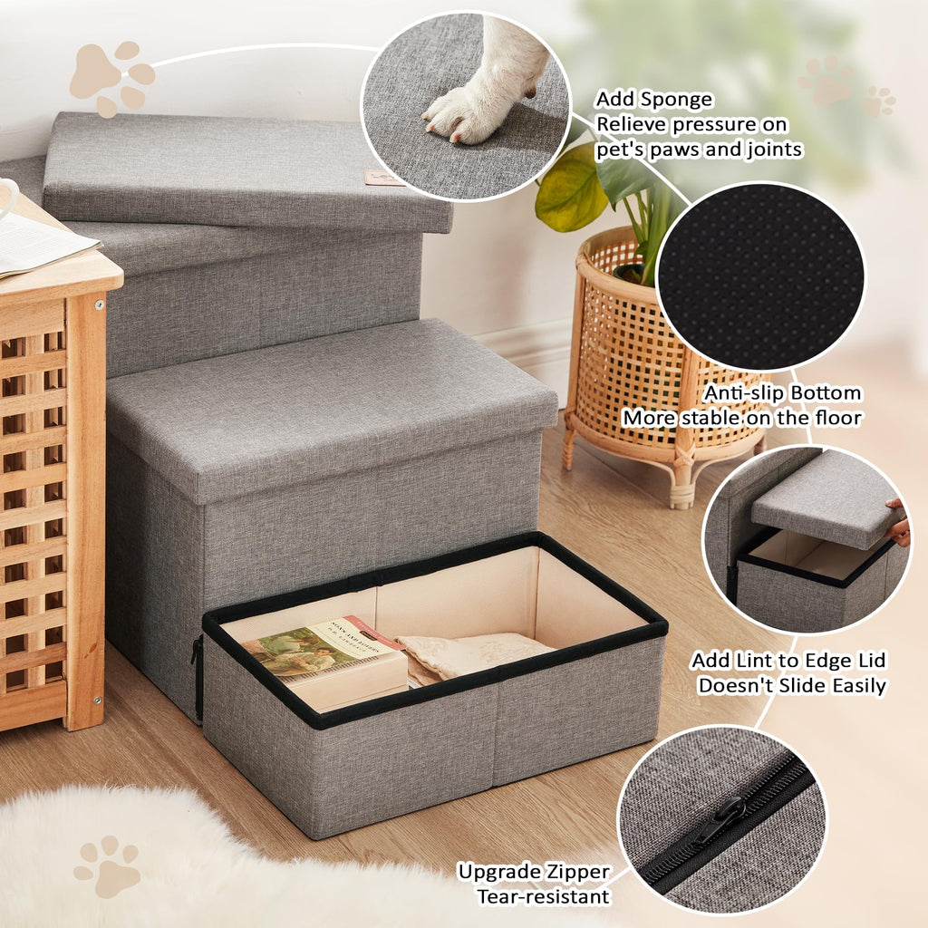 Foldable Pet Stairs with Storage, Grey, 3 Steps L467346