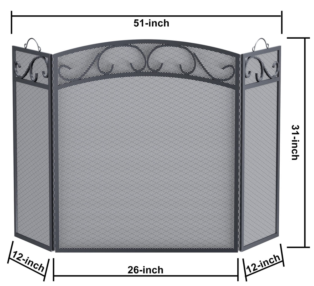 Black 3 Panel Wrought Iron Fireplace Screen Q8420